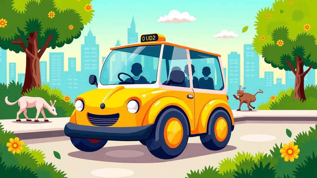 Regenerative Ride Illustration: Showcase an eco-robotaxi with visible sustainable features like solar panels, journeying quietly through lush urban parks or near undisturbed wildlife, perhaps with a '0 emissions' HUD element.