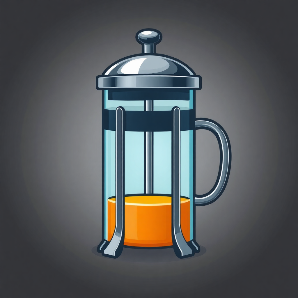 The image is a digital illustration of a french press coffee maker. The french press is made of glass and has a silver lid with a handle on top. It has two handles on either side of the handle for easy pouring. The body of the french press has a transparent glass body with a black handle. Inside the glass body, there is an orange-colored liquid, which appears to be freshly brewed coffee. The background is a dark grey color. The overall design is simple and minimalistic.