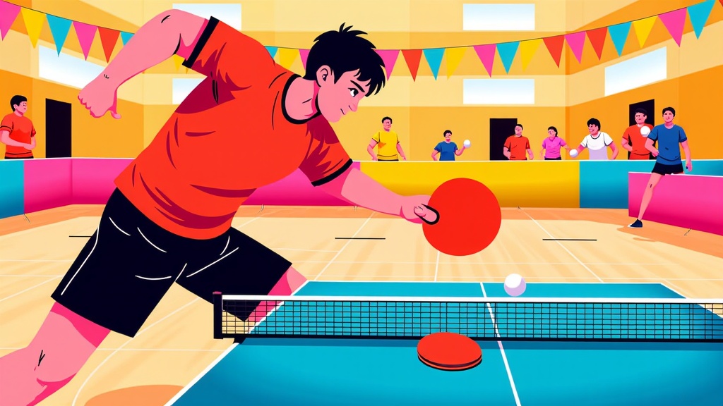  a young man playing table tennis in a large indoor court. He is wearing an orange t-shirt and black shorts and is holding a red ping pong paddle in his right hand and a red ball in his left hand. The court is blue and there is a net in front of him. In the background, there are other players and spectators watching the game. The walls of the court are decorated with colorful bunting flags. The overall atmosphere of the image is lively and vibrant.