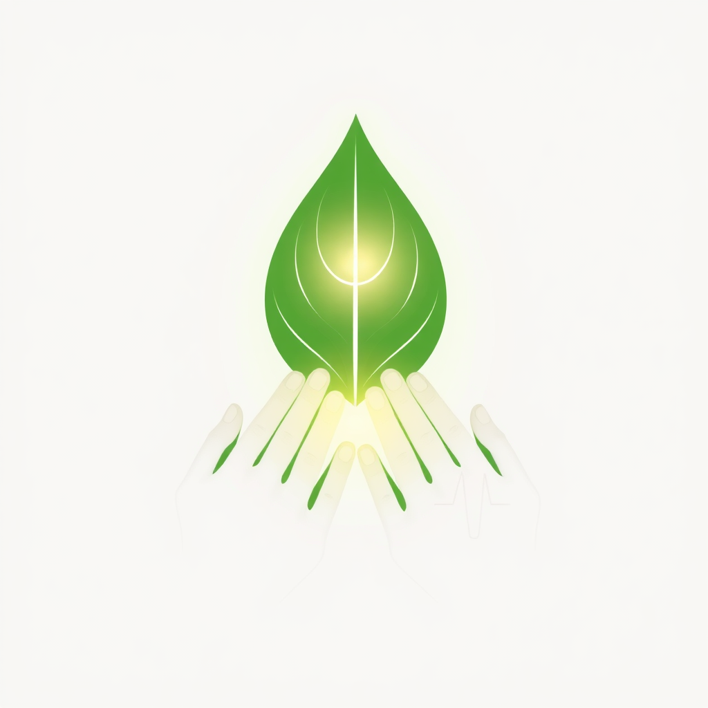Sub-design idea 1: Focus on the 'healing' aspect by subtly incorporating a medical element, like a soft glow emanating from the leaf or a pattern reminiscent of a heartbeat (EKG line) integrated into the lines of the hands.