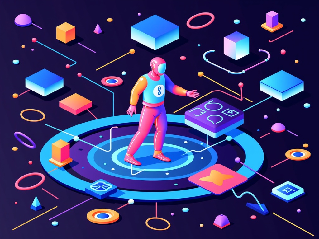 Illustrations showcasing AI as a sophisticated tool solving complex problems, depicted as navigating an intricate maze or assembling complex geometric puzzles, highlighting intelligent automation and efficiency.