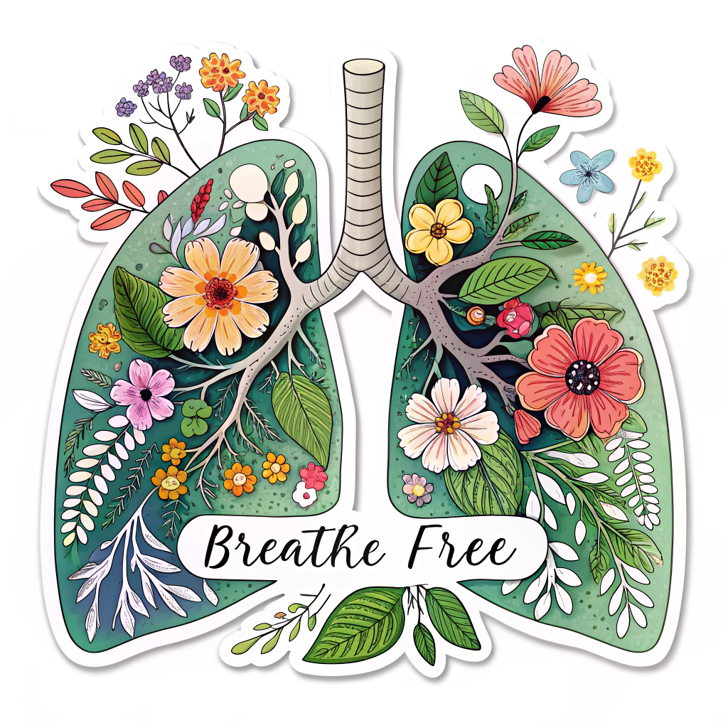 Lungs blossoming with vibrant flowers and leaves, symbolizing healthy breathing and vitality, with the text 'Breathe Free'.