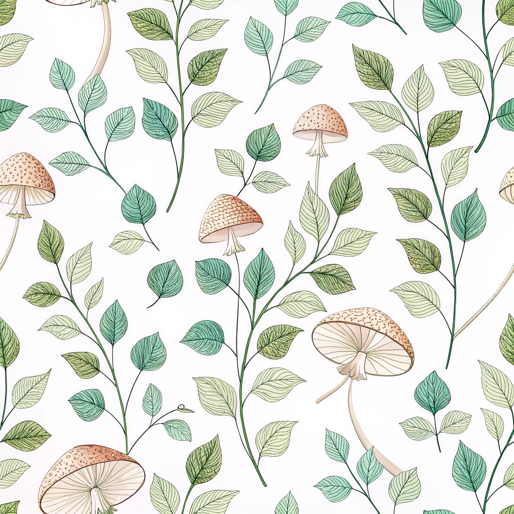 A charming pattern showing delicate vine leaves with miniature, umbrella-shaped mushrooms in subtle hues.