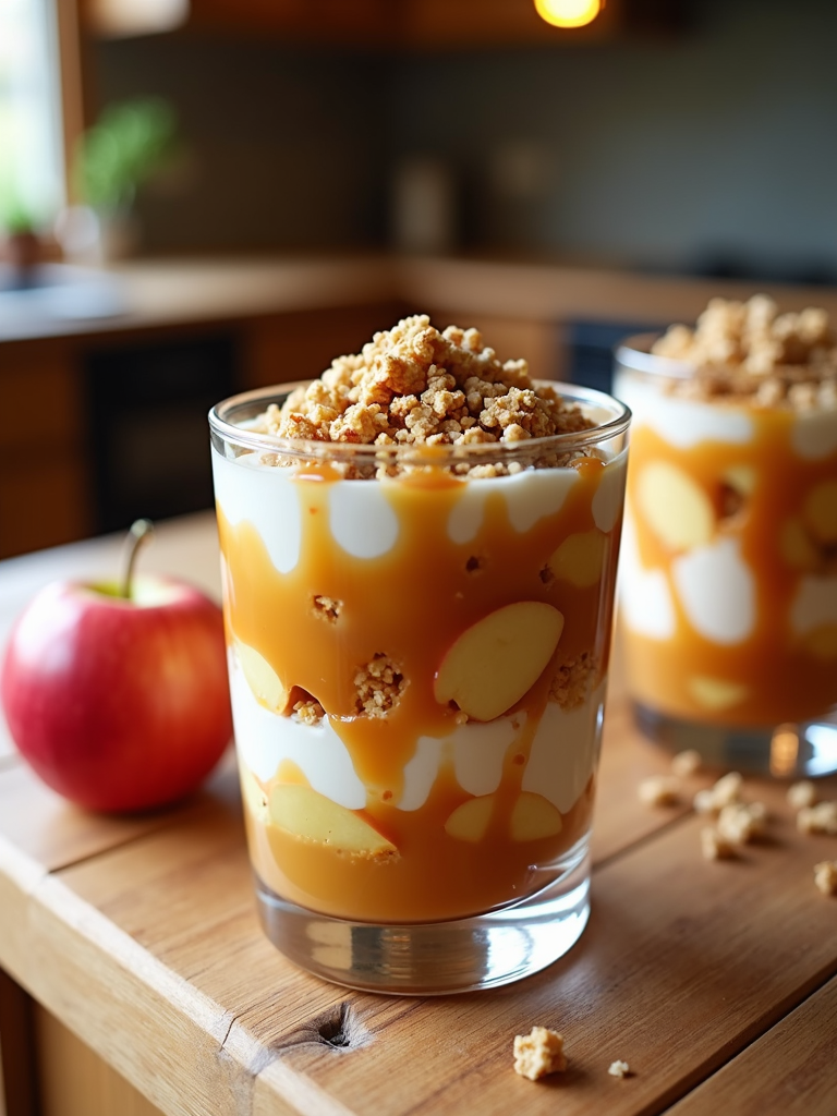 A layered parfait of apple slices, caramel, and crumbled graham crackers or granola.