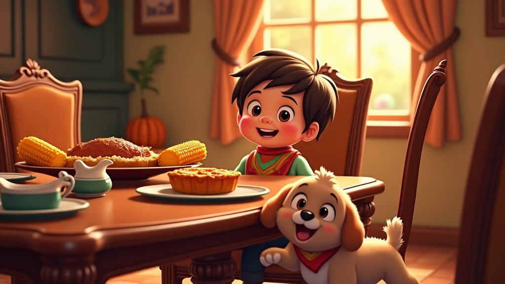 A cartoon dining room fills with the aroma of Thanksgiving meals. Plush chairs surround a table brimming with corn on the cob, gravy boats, and a glistening pumpkin pie. Animated characters, including an excited puppy at the foot of a child wearing a bib, create a sense of family unity and anticipation.