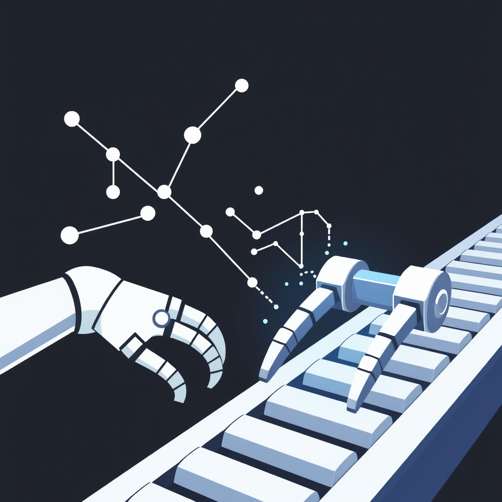 Abstract representation of data flow (lines/dots) transforming into mechanical parts like robotic grippers or conveyor belts.