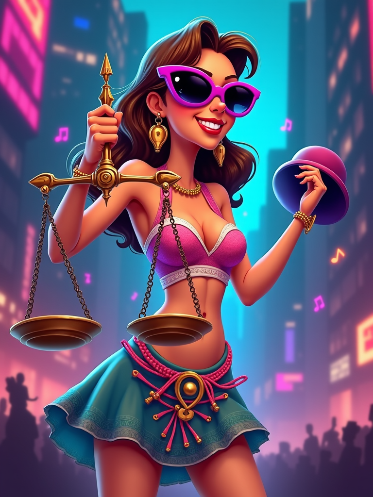 Lady Justice cartoon style, styled as a pop icon with exaggerated sunglasses as her blindfold, groovy clothing, and scales that spin like a DJ's turntable. A hat tips in her left hand instead of a sword.