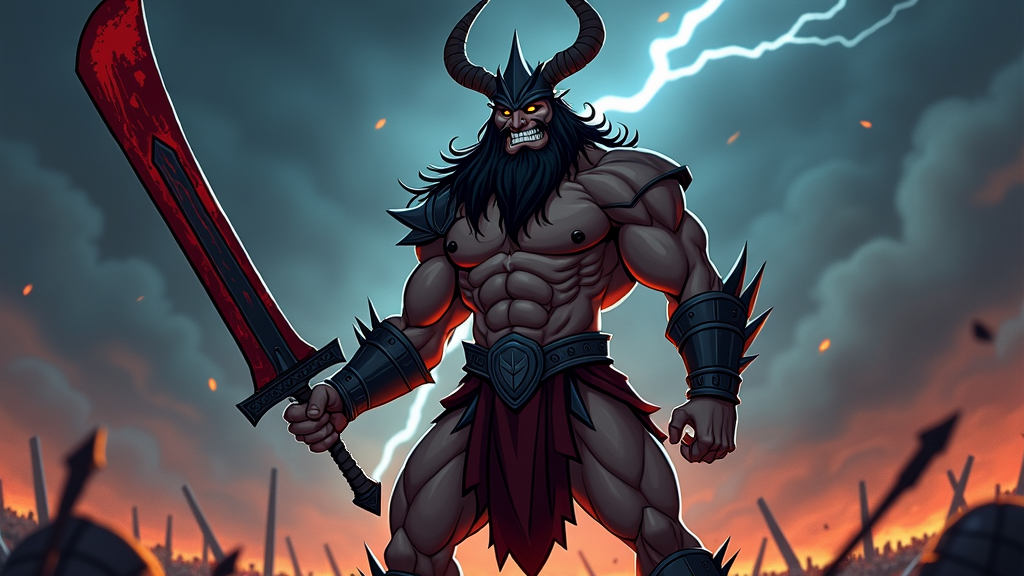 Ares as a brutal and imposing warrior, clad in dark armor and wielding a massive, blood-stained sword.