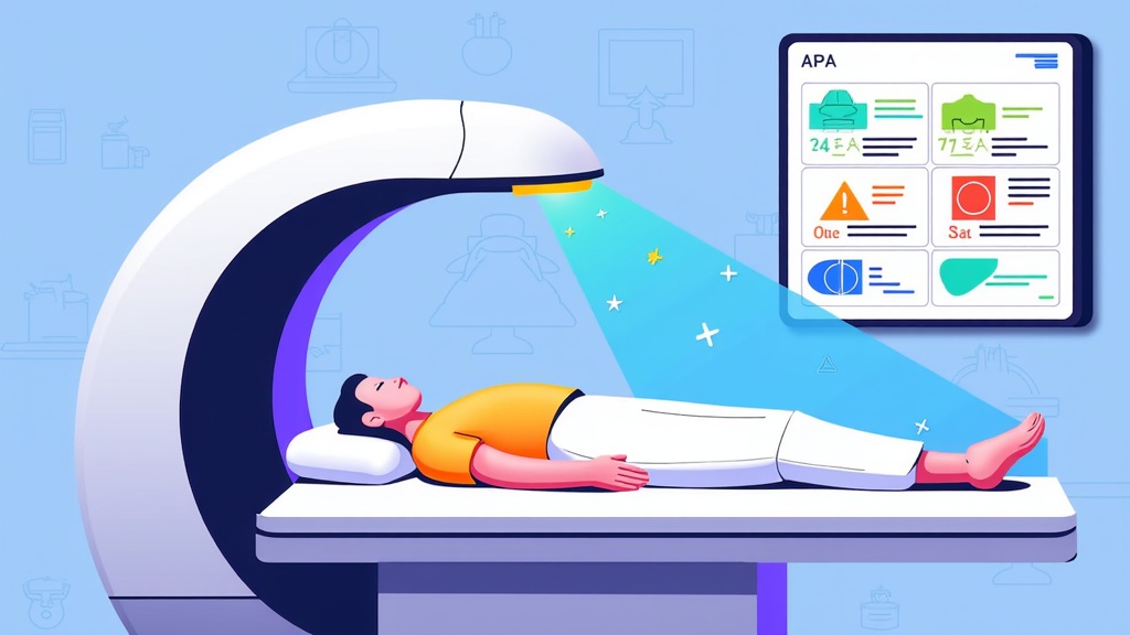 A futuristic medical device, sleek and non-invasive, scanning a patient. On a connected screen, an AI interpretation visualizes predictive diagnostics, showing potential issues color-coded by urgency or type, before they become symptomatic.
