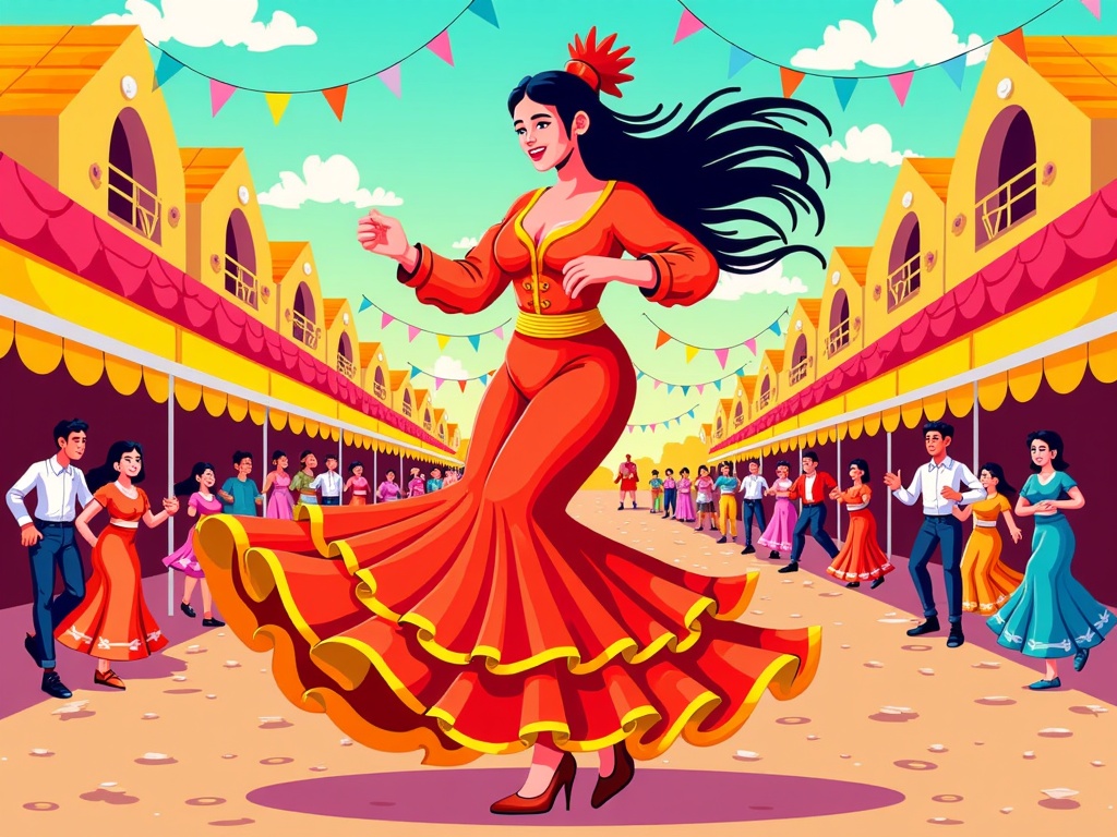 The image is an illustration of a woman in a traditional Spanish dress dancing in a courtyard. The woman is in the center of the image, with her long black hair flowing in the wind. She is wearing a red dress with a yellow belt and a red flower in her hair. Her dress is flowing around her body in a graceful and elegant manner.  In the background, there are several people dancing in the courtyard, some of them are wearing colorful dresses and some are wearing white shirts and blue skirts. The courtyard is decorated with colorful flags and banners hanging from the ceiling. The sky is blue with white clouds and the ground is covered in sand. The overall atmosphere of the illustration is lively and vibrant.