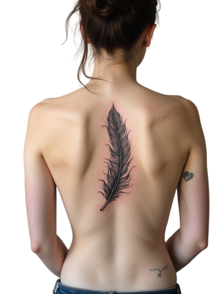 A delicate feather tattoo floats down the spine, detailed with soft, wispy edges and a hint of spiritual symbolism.