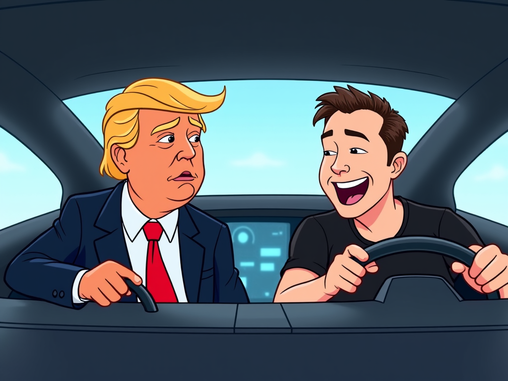 Animated depiction of Donald Trump attempting to drive a Tesla, with Elon Musk in the passenger seat, clearly amused, in a cartoon fashion.