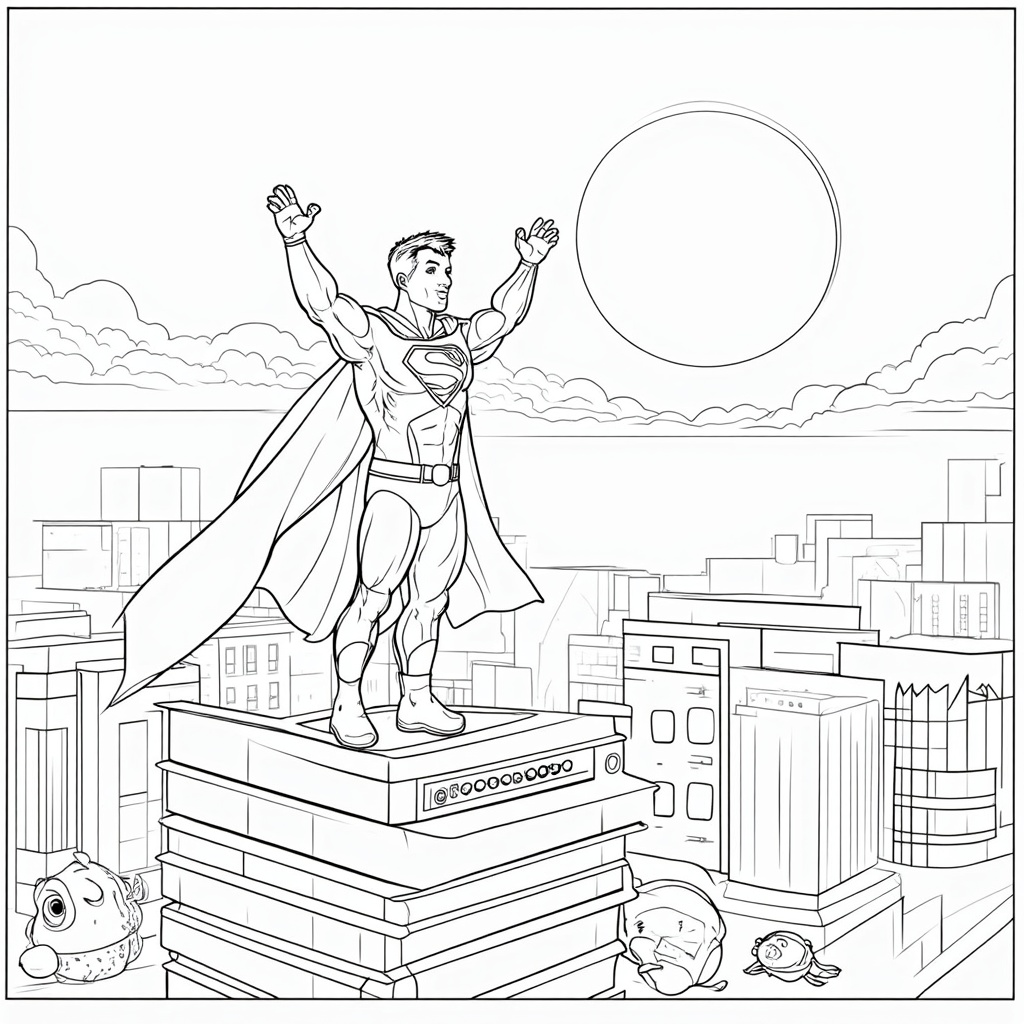 Post-Battle Dawn: Superhero standing victoriously on a structure, perhaps near defeated foe remnants (optional), as the sun rises over the city, symbolizing a new day/safety.