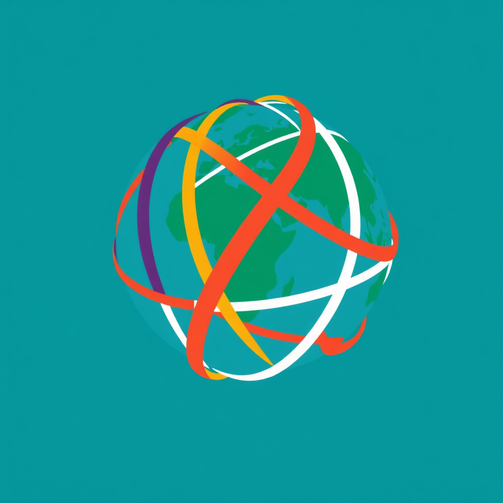 Sub-Design Idea 1: Interconnected Globe. A stylized globe with interwoven, multi-colored lines or ribbons representing diverse cultures and design disciplines uniting globally.