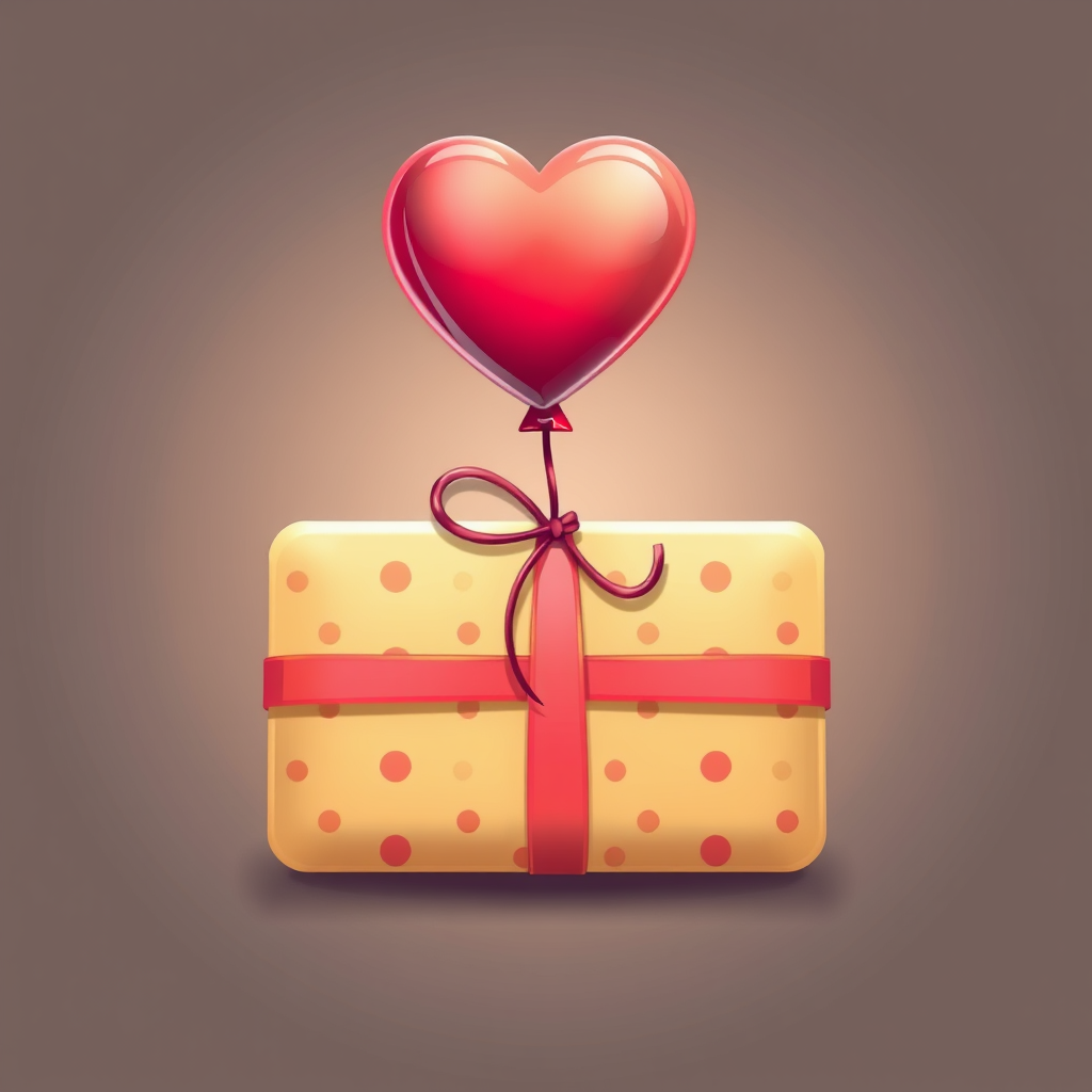 A wrapped present with a heart balloon tied to it