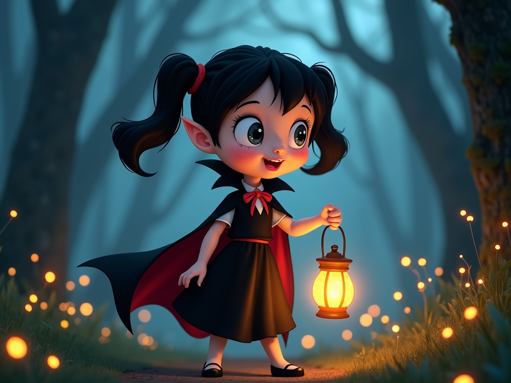 The image is a digital illustration of a cute little girl dressed up as a vampire. She is standing in a forest with tall trees and glowing orange lanterns in the background. The girl is wearing a black dress with a red cape and has long black hair tied up in two pigtails. She has a big smile on her face and is holding a lantern in her right hand. The overall mood of the image is magical and spooky.