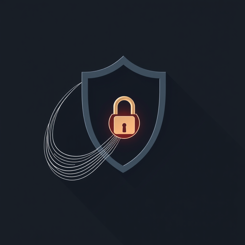 Binary Stream Key & Shield Lock: Visualize an abstract key composed of a sleek, flowing stream of '0's and '1's, forming a dynamic key shape. This stream interacts with a minimalist shield icon that has a glowing, circular digital access point in its center, representing the lock.