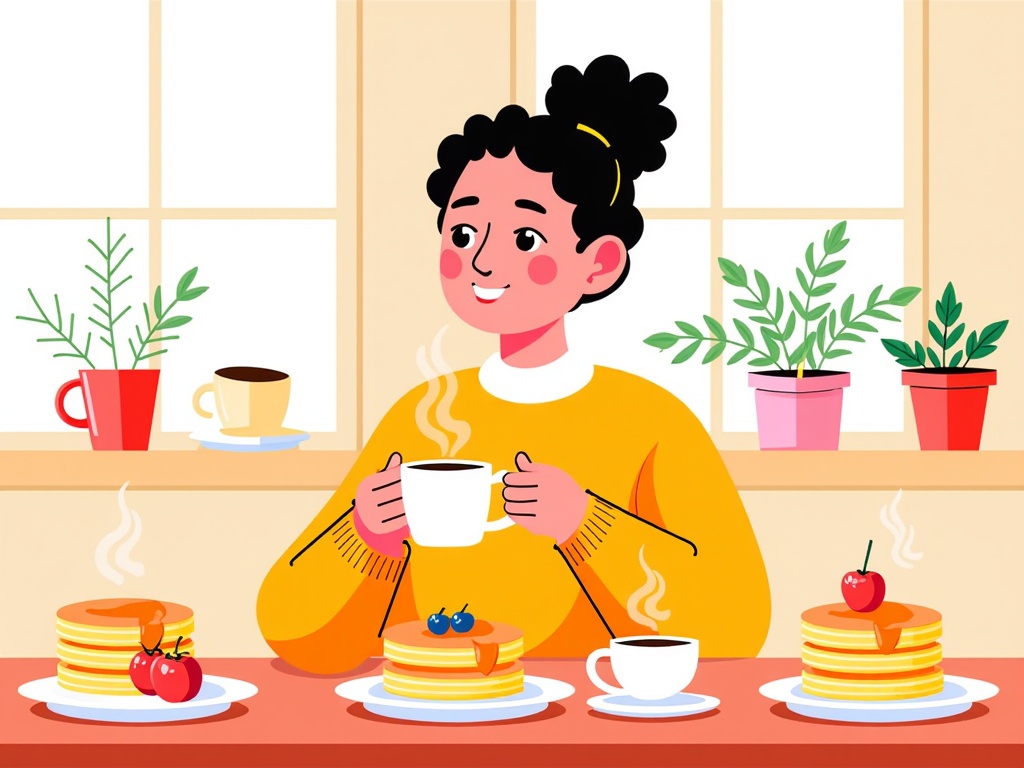  a young woman sitting at a kitchen table with a stack of pancakes in front of her. She is wearing a yellow sweater and has a big smile on her face. On the table, there are two cups of coffee and a plate of pancakes with cherries on top. There are also two potted plants on either side of the table. The background shows a window with white curtains. The overall style of the illustration is flat and cartoon-like.