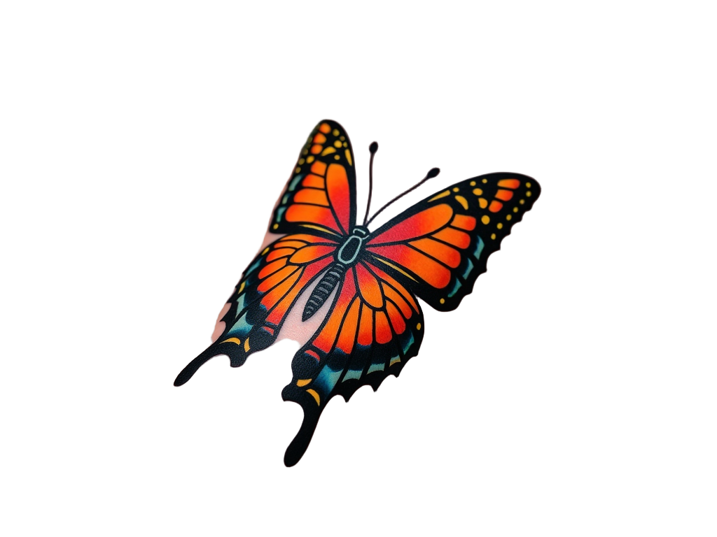 Traditional style butterfly tattoo using bright and bold colors, sitting gracefully on a forearm, celebrating classic tattoo art.