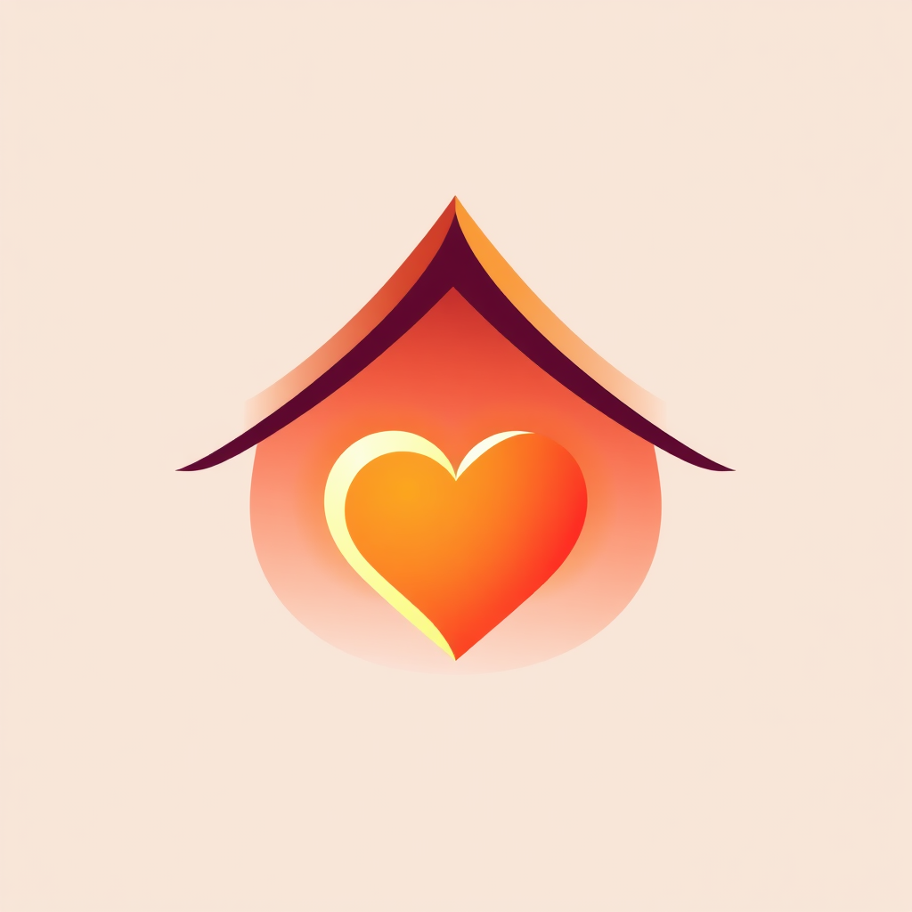 An abstract design combining a protective roof-like curve over a glowing, heart-shaped element, suggesting shelter and care. Uses warm, gradient colors.