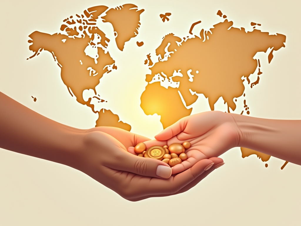 Close-up illustration of one hand gently placing a symbolic 'kindness token' (like a seed or light) into another open hand, with faint outlines of a world map in the background.
