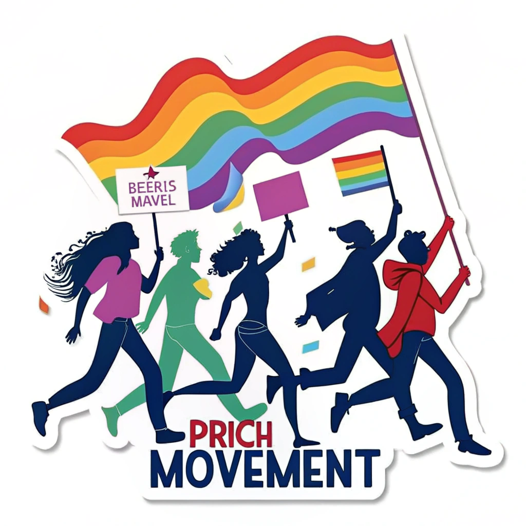 Sub-Design 2: Pride March Movement - Dynamic silhouettes capturing a vibrant Pride march. Diverse figures in motion, some with implied signs or small pride symbols. Bold pride flag colors used as background accents or within the silhouettes.