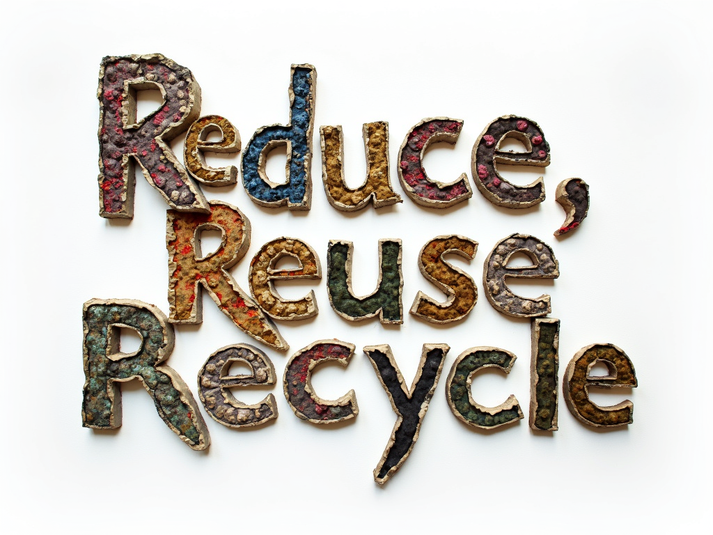 Typography where the individual letters of 'Reduce, Reuse, Recycle' appear to be crafted from different recycled materials (e.g., 'Reduce' from crushed cans, 'Reuse' from stitched fabric scraps, 'Recycle' from pulped paper texture).