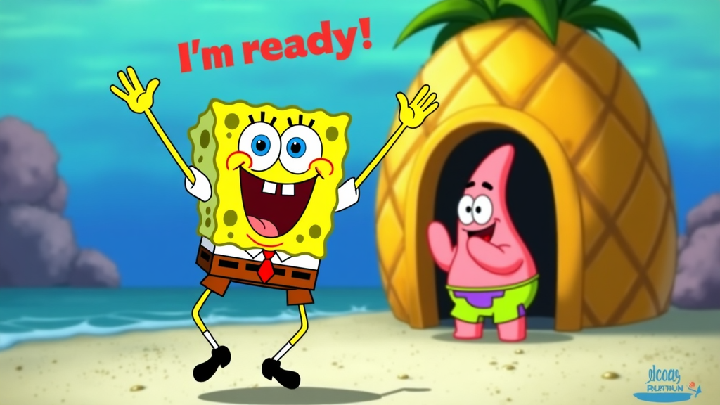 SpongeBob declaring 'I'm ready!' excitedly outside his pineapple house, as Patrick cheers in the background.