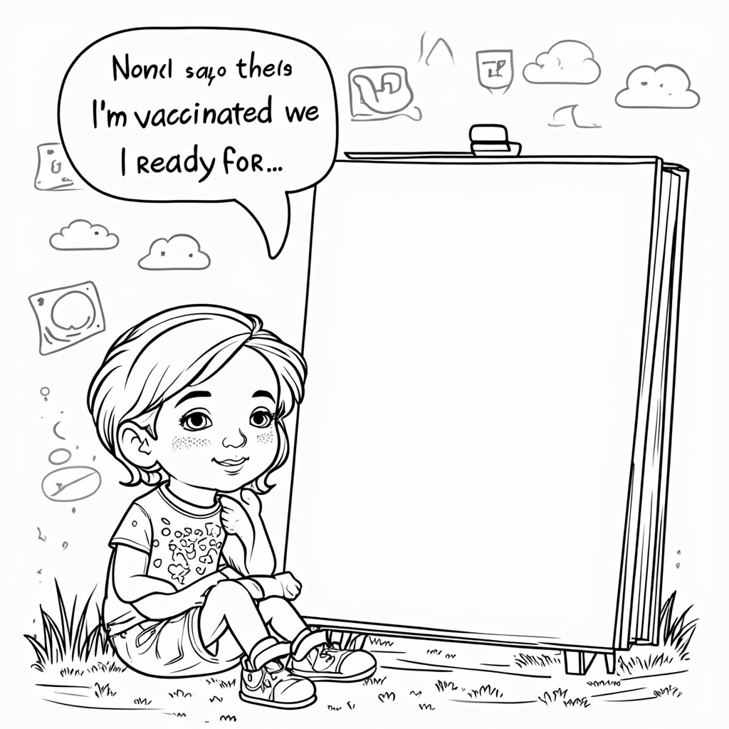 Page 5: 'My Dream Adventure (Vaccinated & Bold!)'. A page featuring a child looking thoughtfully at a blank canvas or open storybook, with a speech bubble: 'Now that I'm vaccinated, I'm ready for...'. The page has a large space for the child to draw and color their own ultimate adventure, surrounded by doodles of travel stamps and adventure icons.