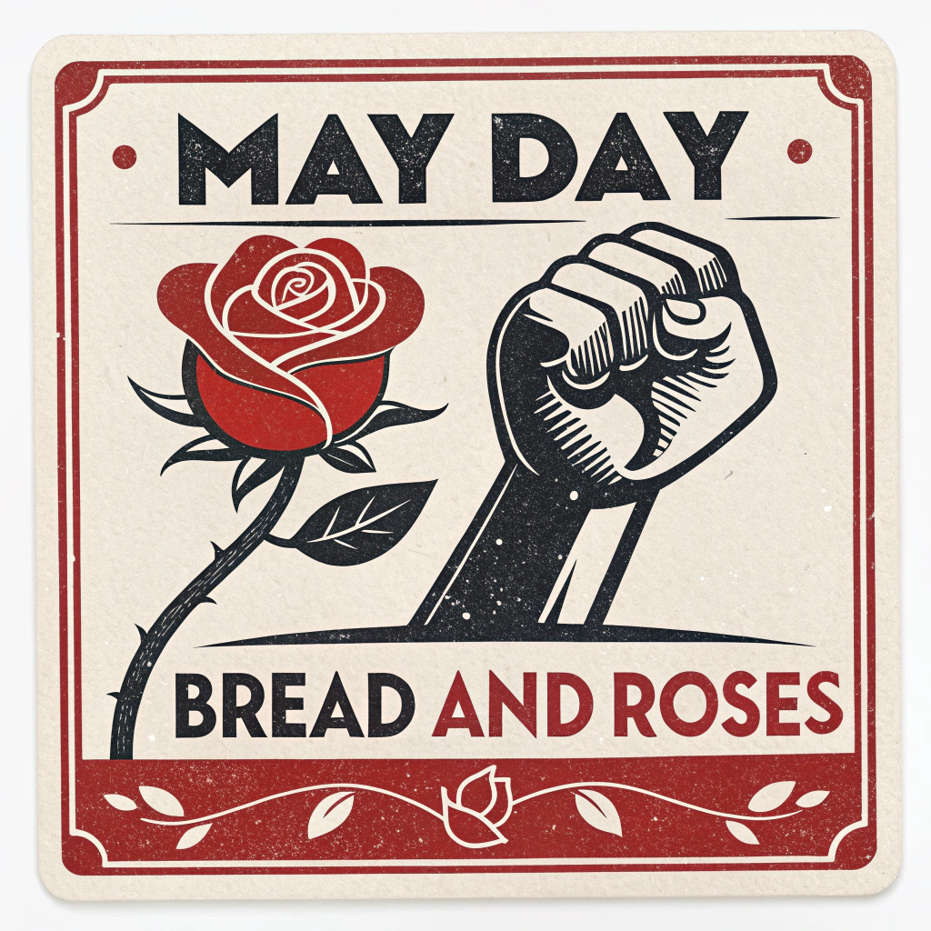 Sub-design 4 (Retro Propaganda Style): A sticker designed in the style of early 20th-century protest art/propaganda posters. Use a limited color palette (e.g., red, black, off-white). Feature a graphic rose and bold, commanding text for 'May Day' and 'Bread and Roses'.