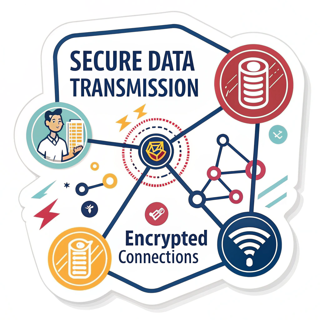 Sub-design 5: Nodes connected by lines that incorporate binary code (0s and 1s) or cryptographic symbols within their design, visually representing secure data transmission and encrypted connections between network points.