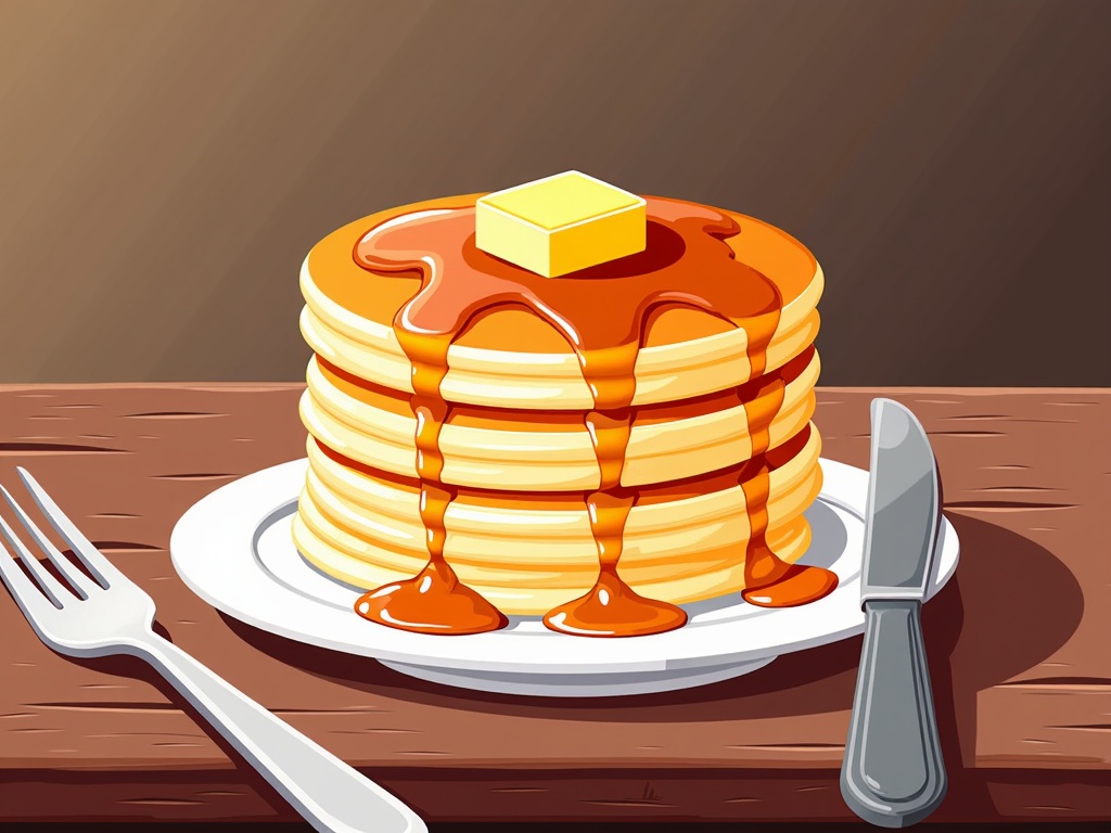  a stack of pancakes on a white plate with a fork and knife on the side. The pancakes are golden brown and appear to be freshly made. On top of the stack, there is a small block of butter and drizzled with syrup. The plate is placed on a wooden table with a brown background. The overall color scheme of the image is warm and inviting.