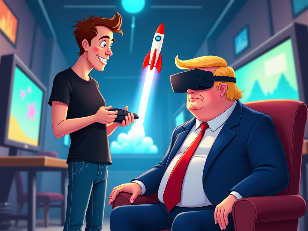 An imaginative cartoon of Elon Musk projecting a rocket hologram while Donald Trump sits beside him, wearing VR glasses, immersed in the scene.