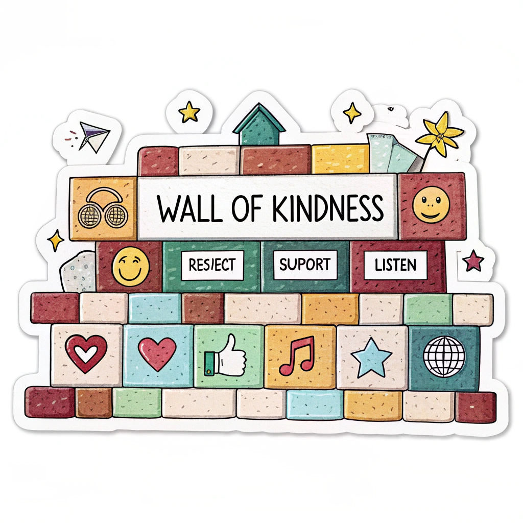 A visual of an 'Anti-Cyberbullying Wall' built from colorful bricks, each brick featuring a positive symbol or word (e.g., heart, smile, 'respect', 'support', 'listen'). The wall stands strong against incoming 'negative' digital arrows or symbols. Text: 'Wall of Kindness' or 'United Against Cyberbullying'.