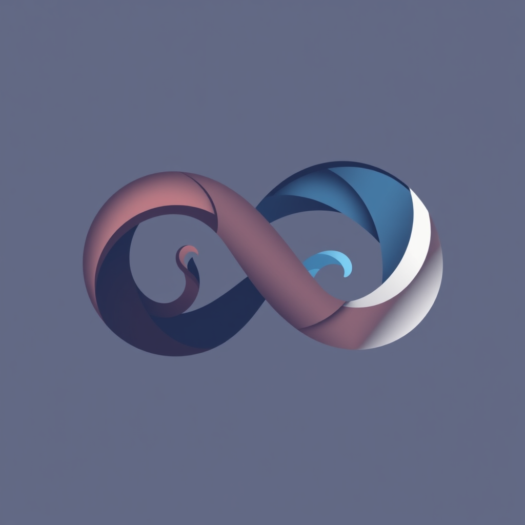 Interwoven Spirals: Design an icon showing two or more spirals that weave together to form an abstract infinity symbol. One spiral could carry raw, pixelated elements (input), transforming into smoother, more complex forms in the other spiral (output), visually representing the generative iteration.