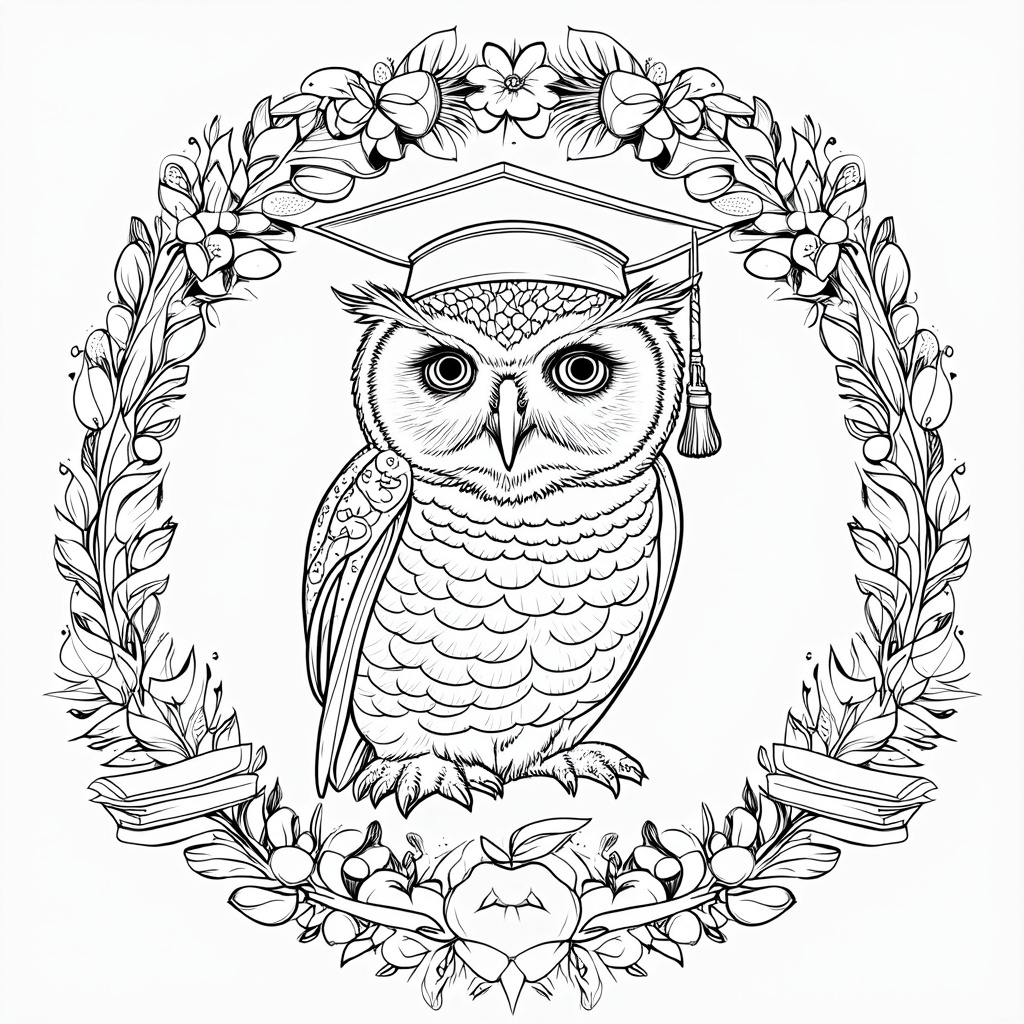 Floral Owl Portrait: A detailed portrait of an owl wearing a graduation cap, framed by a decorative wreath made of flowers, pencils, apples, and miniature books, emphasizing appreciation and wisdom.
