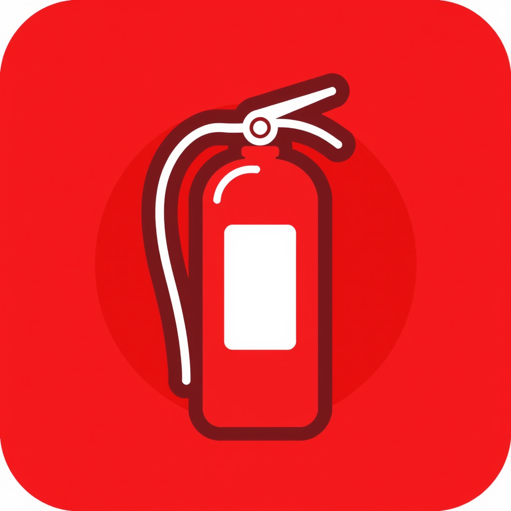 A red fire extinguisher with a white label, a simple and easily recognizable design.