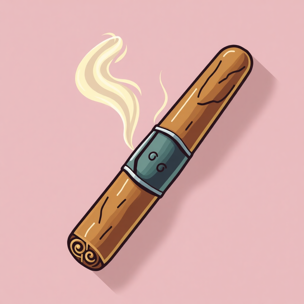 The image is an illustration of a cigar. The cigar is in the center of the image and is facing towards the right side. It has a long, cylindrical shape with a pointed end and a flat base. The body of the cigar is made of wood and has a light brown color. On the top of the body, there is a small green button with the letter G on it. The button is surrounded by a thin, wavy line of smoke. The background is a light pink color.