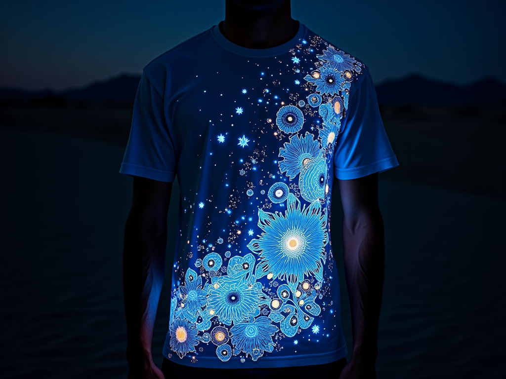 Bio-Luminescent Desert Bloom with Light Painting: A T-shirt design showcasing organic, flowing patterns inspired by bioluminescent desert flora or fauna envisioned on the playa. Parts of the design glow steadily after charging. The interactive element allows wearers to use a focused light source (like a phone flashlight or UV pointer) to 'paint' light onto specific areas, activating other phosphorescent sections to glow brighter or reveal hidden details within the bloom.