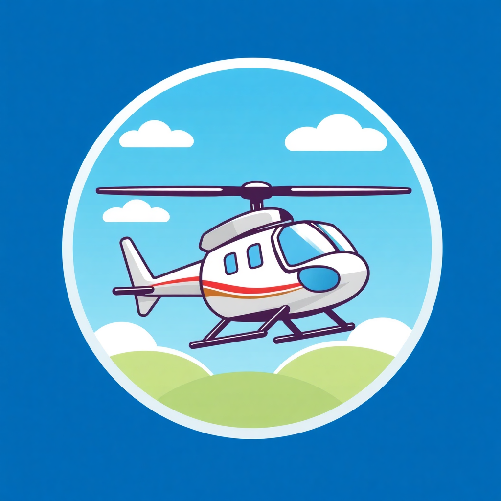 The image is a circular illustration of a helicopter flying in the sky. The helicopter is white with a red stripe on the side and a blue stripe running along the side. It has two propellers and a pointed nose. The background is a light blue sky with white clouds. Below the helicopter, there is a green landscape with hills and trees. The overall design is simple and cartoon-like.