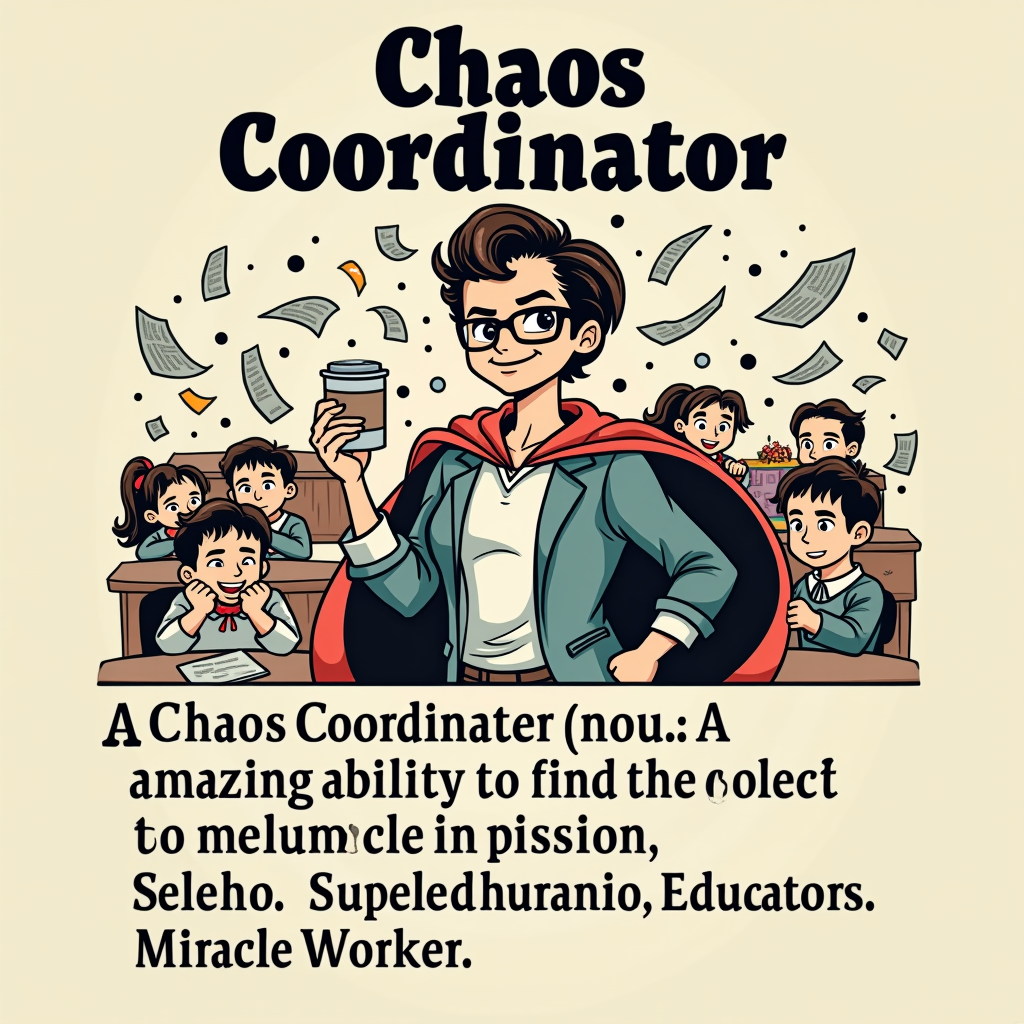 A humorous definition style: 'Chaos Coordinator (noun): A proud teacher with the amazing ability to find order in mayhem, fueled by coffee and passion. See also: Superhero, Educator, Miracle Worker.' Visually presented like a dictionary entry.