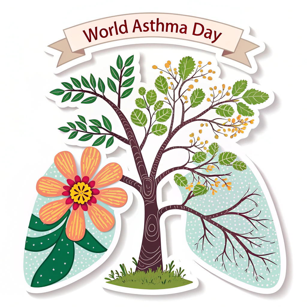 Resilient Growth Sticker: A sticker illustrating a vibrant flower or a sturdy young tree growing from a stylized representation of constricted airways. This symbolizes resilience, growth, and empowerment in the face of asthma. 'World Asthma Day' could be on a banner.
