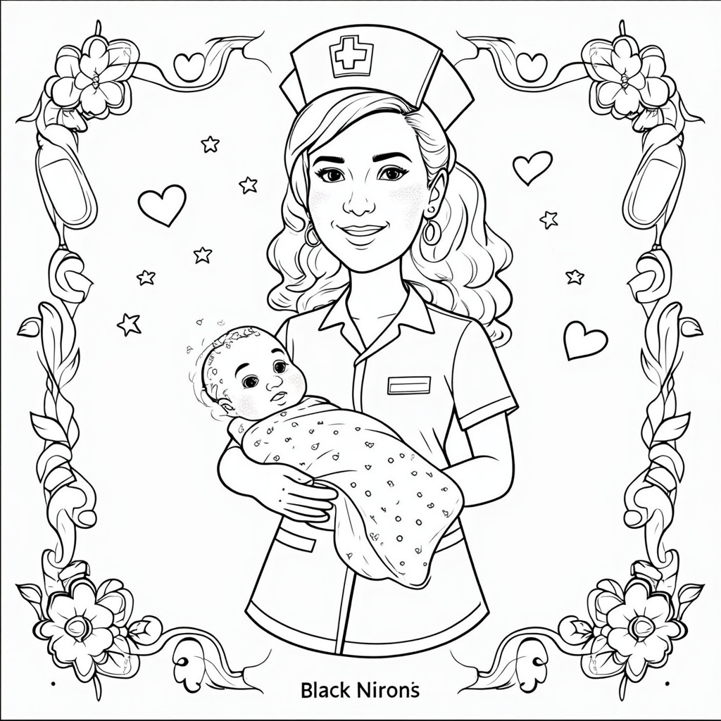 A whimsical, storybook-style illustration of a smiling nurse presenting a newborn baby, perhaps with stars and hearts gently floating around them. The nurse and baby could be framed by a decorative border made of stethoscopes, baby bottles, and flowers.