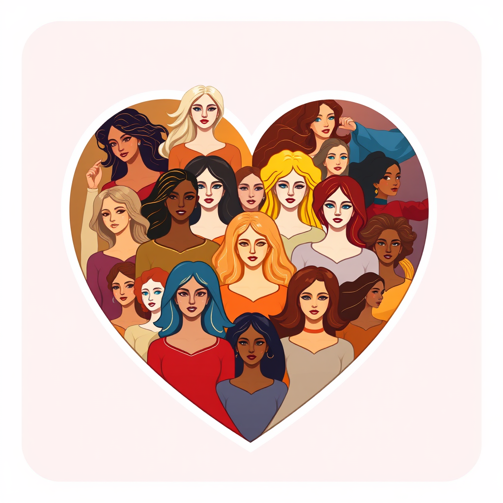 A heart filled with diverse female figures, forming the symbol.