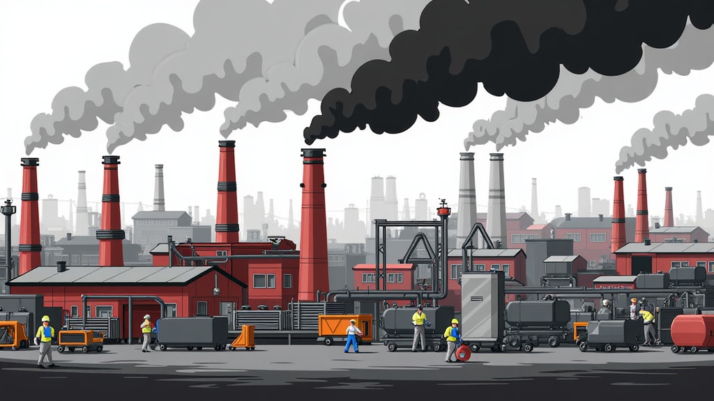 The image is an illustration of a factory with multiple red buildings and chimneys. The factory is located in a large industrial area with a lot of smoke billowing out of the chimneys, indicating that it is emitting black smoke. In the foreground, there are several workers wearing hard hats and safety vests, working on the factory floor. There are also several large machines and equipment scattered around the area. The sky is overcast and the overall mood of the image is bleak and industrial.