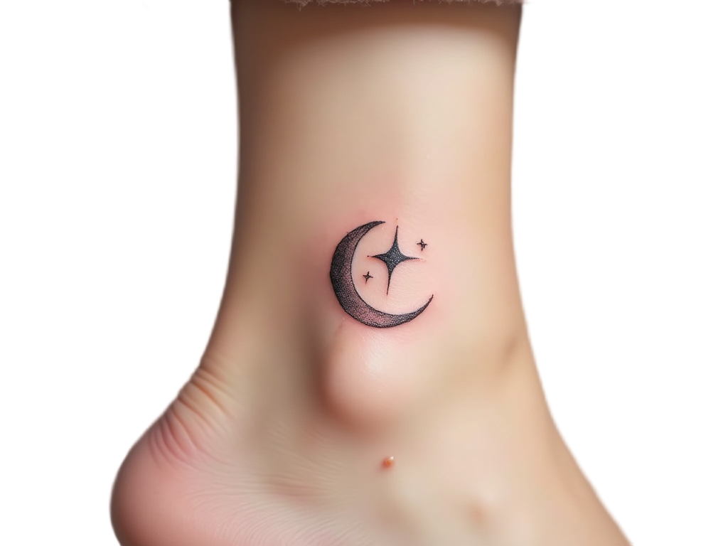 A dainty star and moon tattoo design on the ankle, interlocked in a cosmic embrace, shining with simple elegance for cosmic enthusiasts.