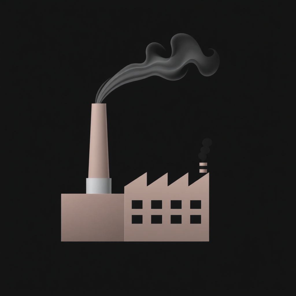 The image is a graphic illustration of a factory with a smokestack. The factory is made up of a tall, cylindrical chimney with a pointed tip and a flat base. The chimney is emitting a thick, black smoke that is billowing out of it. The background is black, making the factory and smoke stand out. On the right side of the image, there is a smaller building with multiple windows. The overall design is simple and minimalistic.