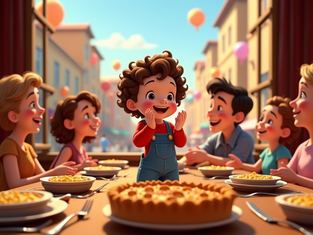 An animated depiction of a Thanksgiving day parade visible through the window contrasts with the lively scene of a family dinner, pictured with bowls of creamy mac & cheese and an apple pie on the edge of a vast wooden table. Characters, including a toddler clapping hands, add cheer and excitement to the festive occasion.