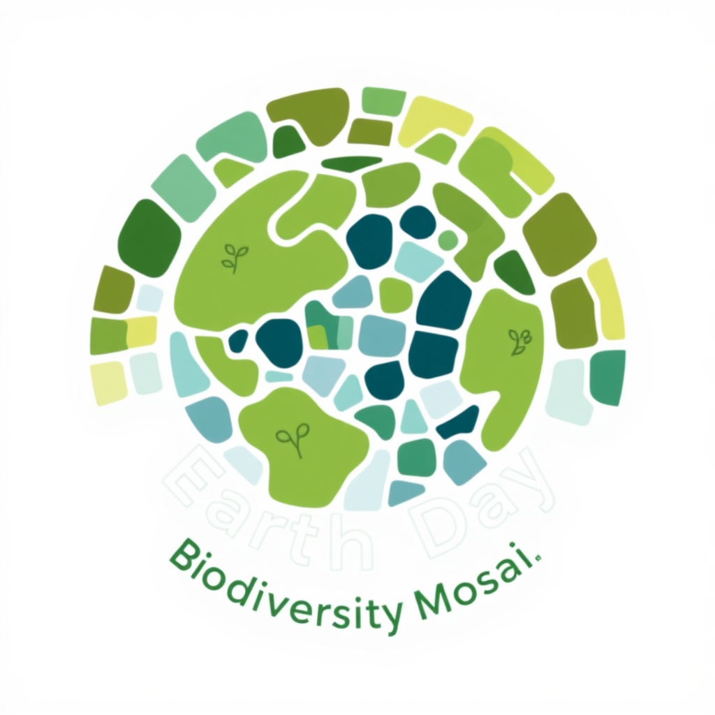 Simple Logo Idea: A simplified circular Earth icon constructed from distinct, organically shaped mosaic tiles in varied greens, blues, and browns. Some tiles subtly feature simple icons of flora or fauna. The text 'Earth Day: Biodiversity Mosaic' is cleanly integrated below or around the circle.