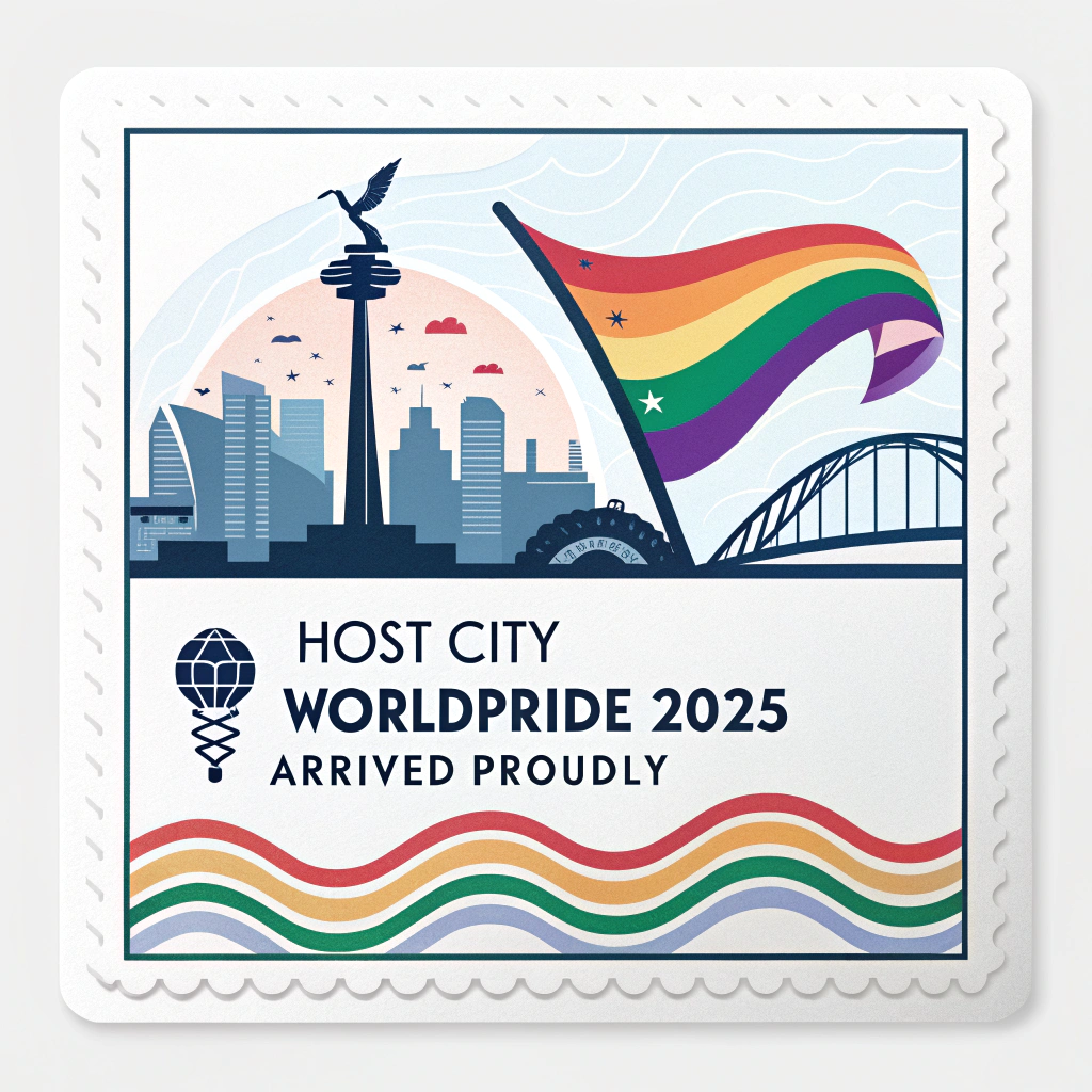 Sub Design Idea 1: Host City Landmark Stamp - A passport stamp featuring an iconic landmark of the WorldPride 2025 host city, merged with Pride symbols (e.g., a rainbow flag draped over it or Progress Pride colors in the skyline). Text: '[Host City] - WorldPride 2025 - Arrived Proudly'.